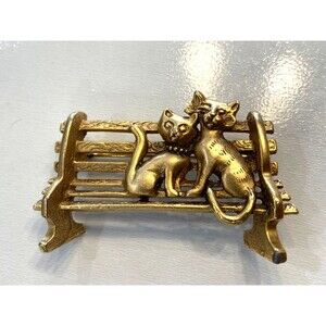 Vintage AJC Signed Cats on Park Bench Gold Tone Brooch Pin